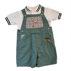 Vintage Y2k Baby Togs Bear Golf Sage Green Overalls With Matching Polo Shirt